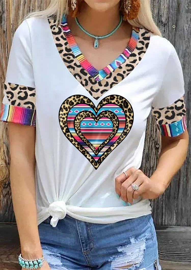 Valentine Leopard Heart Serape Striped T-Shirt Tee - White