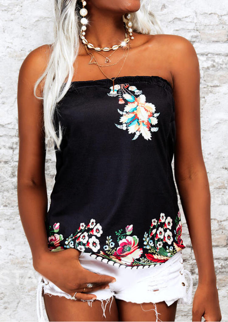 Tank Tops Floral Strapless Tank Top in Black. Size: M