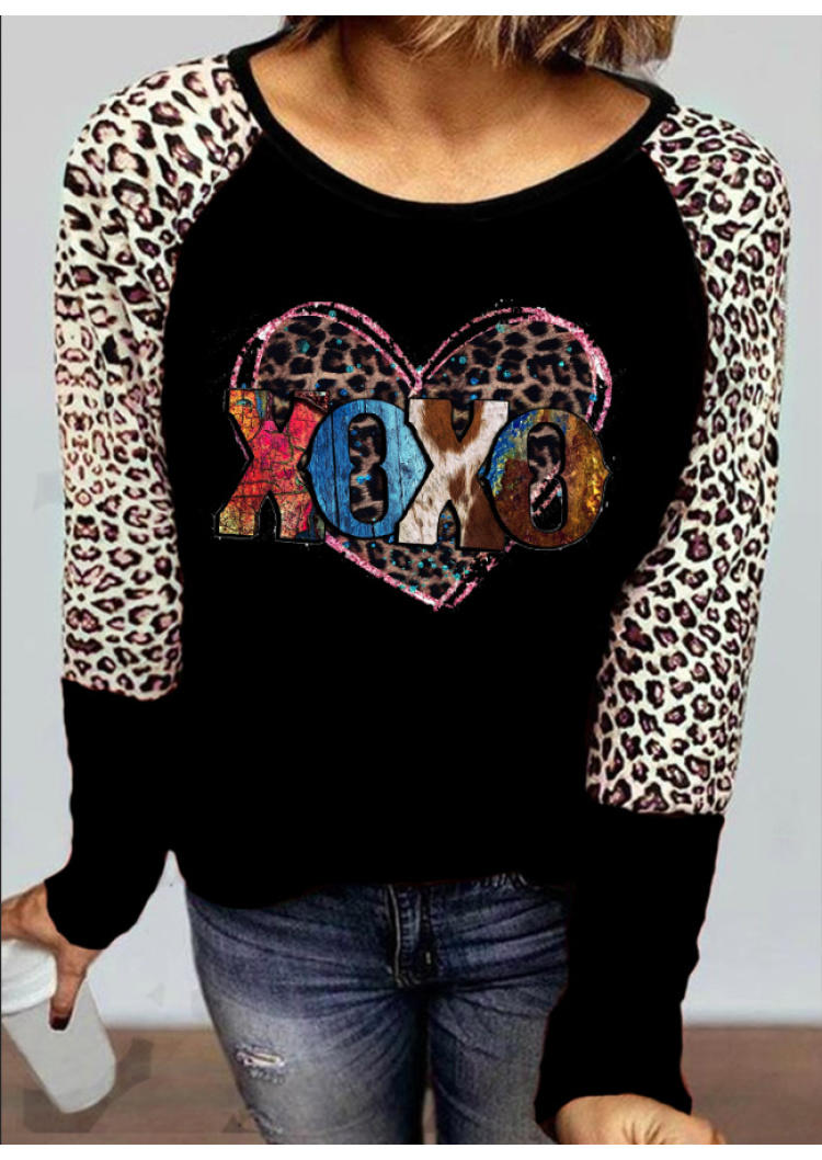 Valentine Xoxo Leopard Raglan Sleeve Blouse - Black