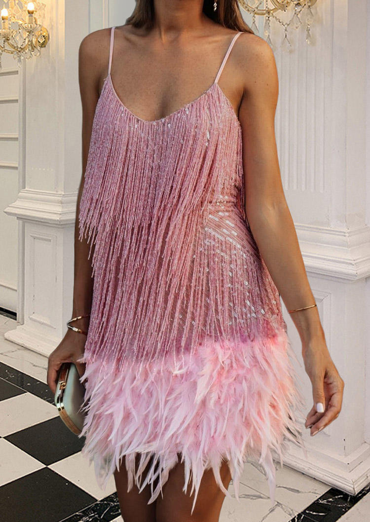 

Prom Dresses Sequined Tassel Feather Prom Dress in Pink. Size