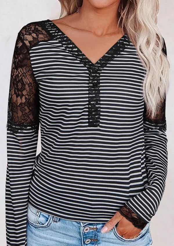 Lace Splicing Striped Button V-Neck Blouse - Black