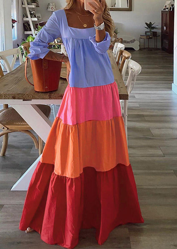 Maxi Dresses Color Block Long Sleeve Maxi Dress in Multicolor. Size: S,M,L
