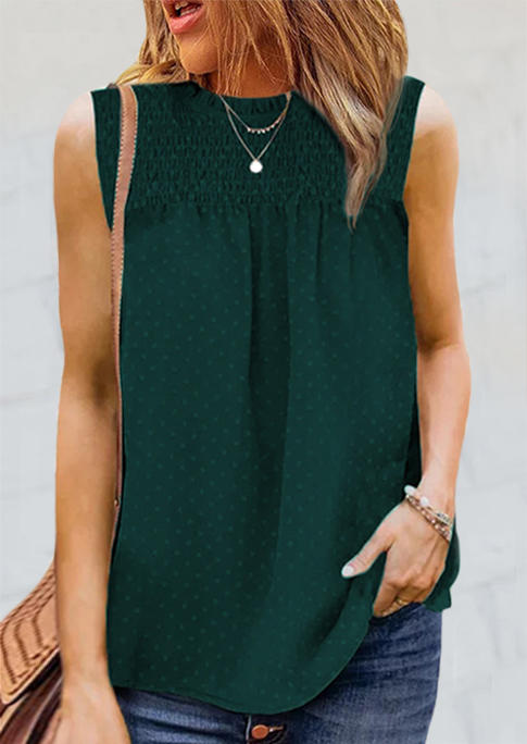 Tank Tops Smocked Dotted Swiss Casual Tank Top in Dark Green. Size: S,L,XL