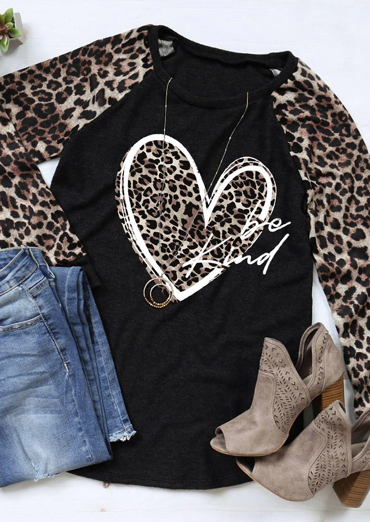 Blouses Leopard Heart Be Kind Blouse in Black. Size: S,M