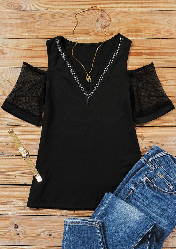 

Blouses Rhinestone Cold Shoulder Mesh V-Neck Blouse in Black. Size