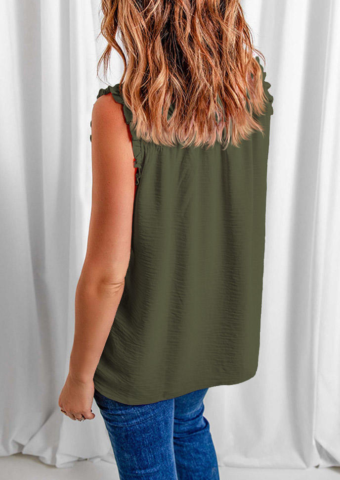 Tank Tops Smocked Button Ruffled Tank Top in Army Green. Size: M