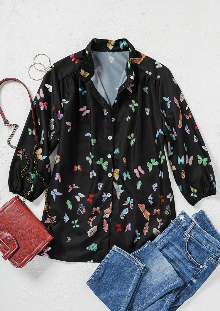 

Blouses Butterfly Ruffled Button Elastic Cuff Blouse in Black. Size: ,M,L,XL