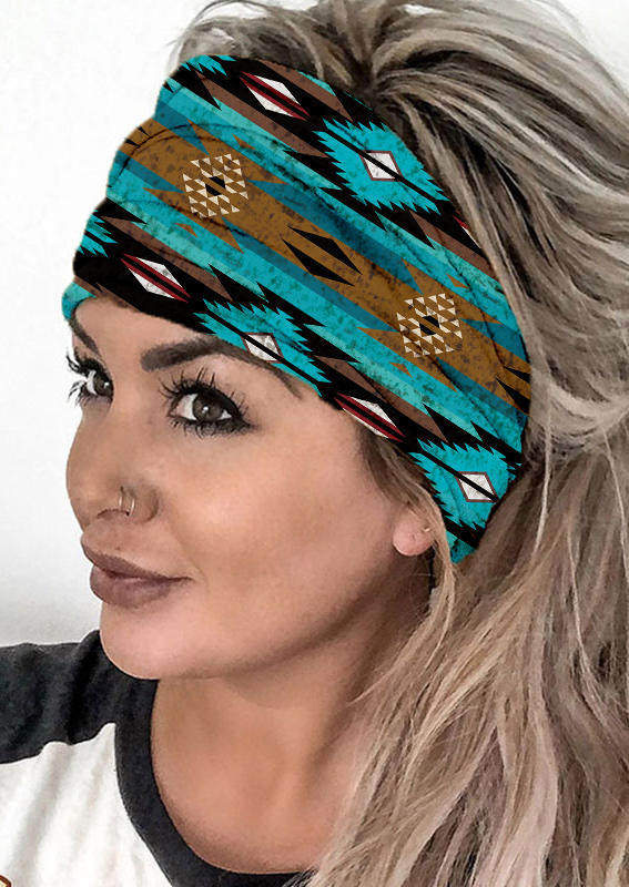 

Aztec Geometric Yoga Wide Headband in Cyan. Size