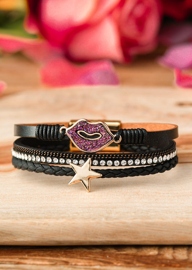 

Bracelet Star Lips Rhinestone Magnet Buckle Bracelet in Black,Beige. Size