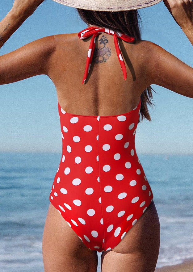 

One-Pieces Swimsuit Polka Dot Halter One-Piece Bathing Suit Swimwear in Red. Size