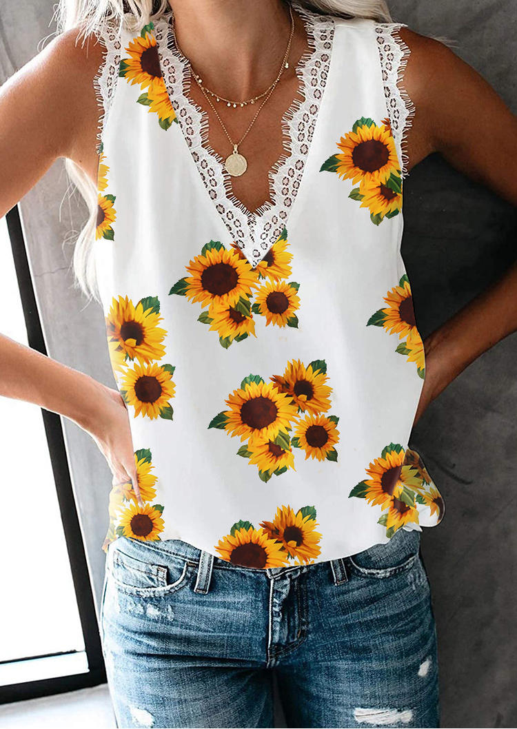 Lace Sunflower Sleeveless Tank - White