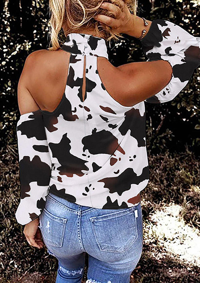 Cow Cold Shoulder Long Sleeve Blouse