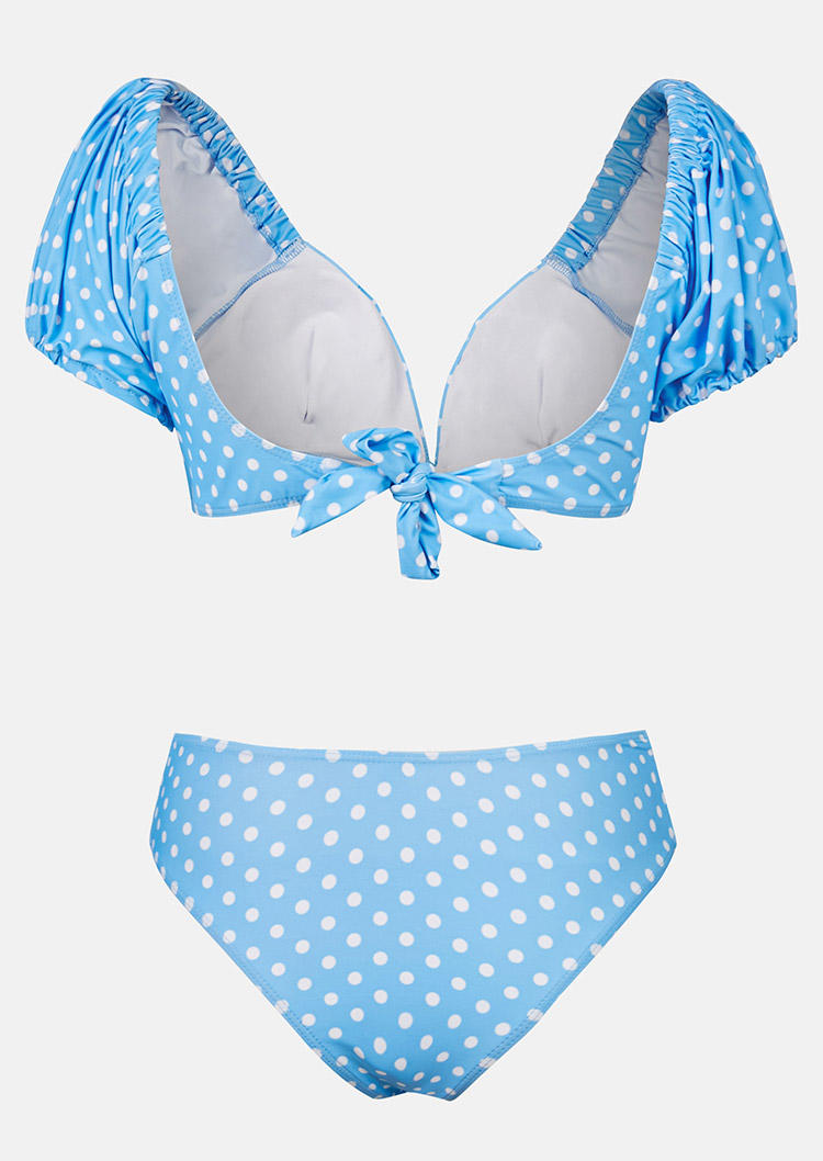 Bikini Sets Polka Dot Tie Puff Sleeve Bikini Set in Blue. Size: S,M,L