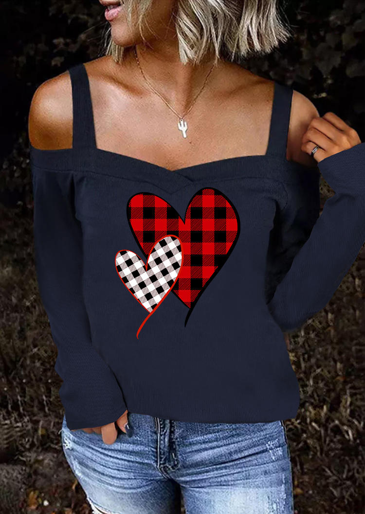 Valentine Plaid Heart Cold Shoulder Sweater - Navy Blue