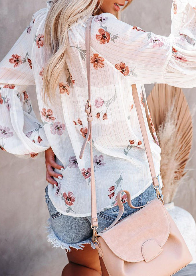 

Blouses Floral Tassel Button Lantern Sleeve Blouse in White. Size
