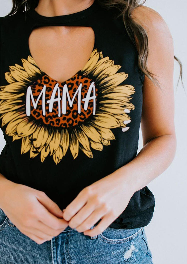 Tank Tops Mama Sunflower Leopard Hollow Out Tank Top in Black. Size: S,M,L,XL