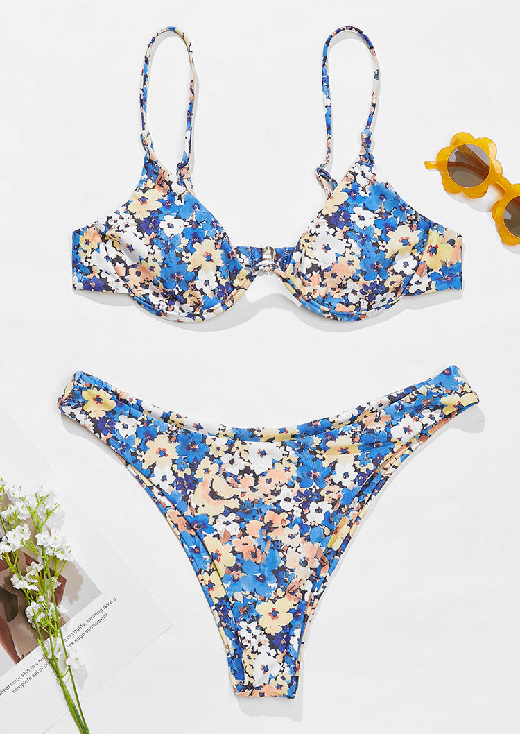 Bikini Sets 3Pcs Floral Adjustable Strap Bikini Set in Blue. Size: S,M,L
