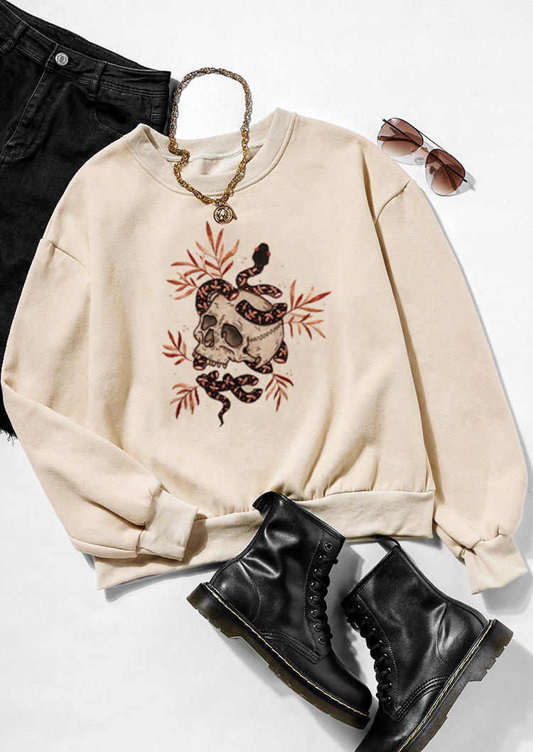 

Sweatshirts Snake Skull Leaf Long Sleeve Sweatshirt in Apricot. Size: ,M,L,XL