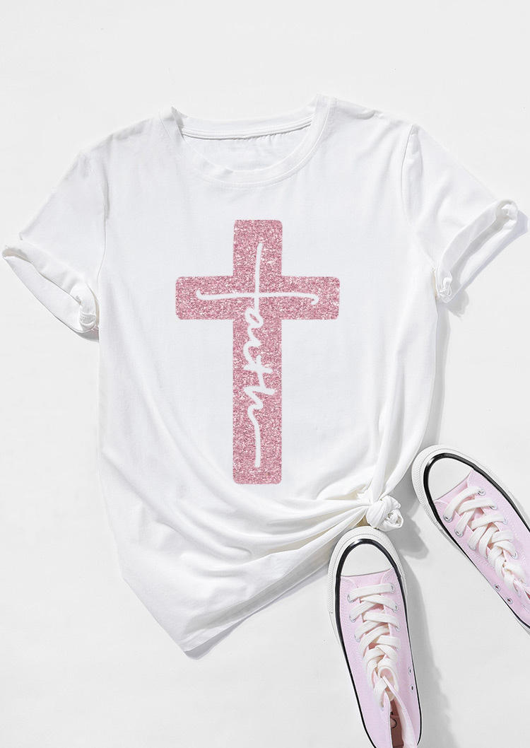 Faith Cross O-Neck T-Shirt Tee - White