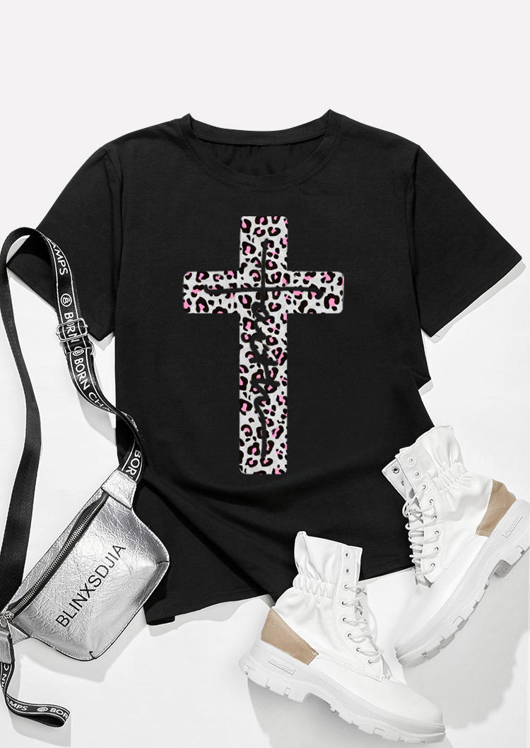 

T-shirts Tees Faith Cross Leopard O-Neck T-Shirt Tee in Black. Size: ,M,L,XL