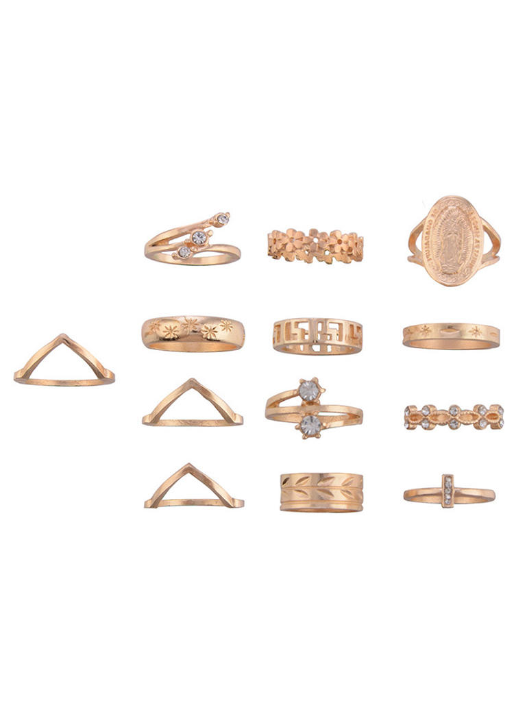 

Rings 13Pcs Rhinestone Hollow Out Ring Set in Gold. Size