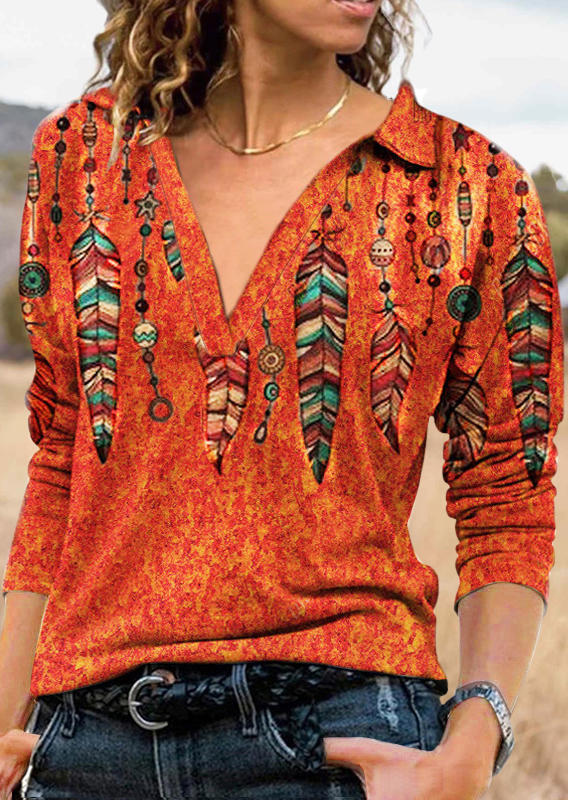 Blouses Feather Long Sleeve V-Neck Blouse in Orange. Size: M,L