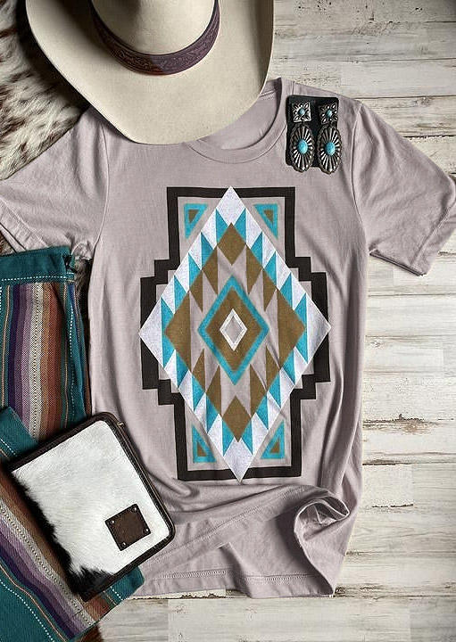T-shirts Tees Aztec Geometric O-Neck T-Shirt Tee in Light Grey. Size: L