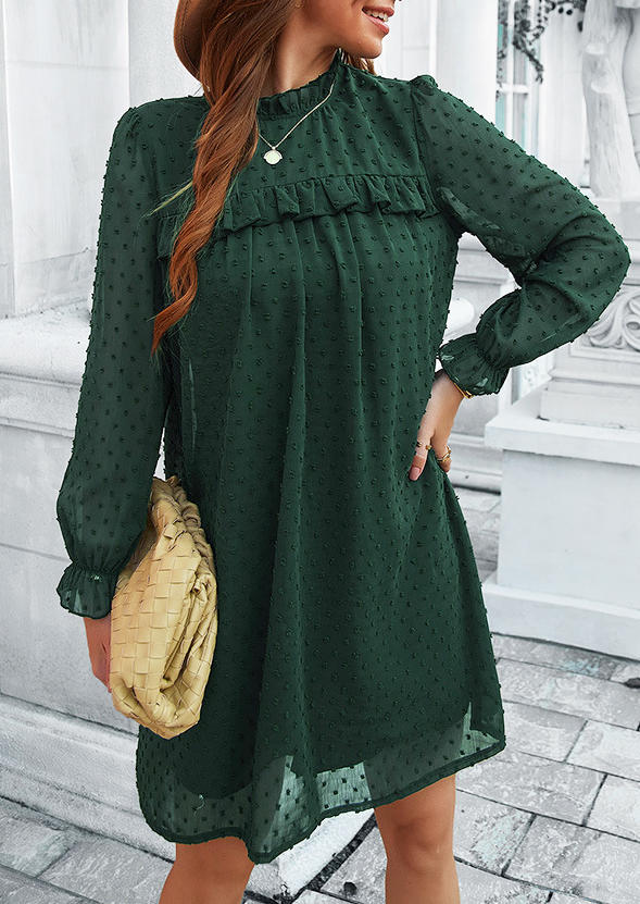 Mini Dresses Ruffled Dotted Swiss Elastic Cuff Mini Dress - Dark Green in Green. Size: L,M,S,XL