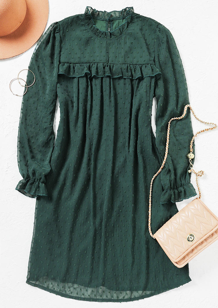 Ruffled Dotted Swiss Elastic Cuff Mini Dress - Dark Green
