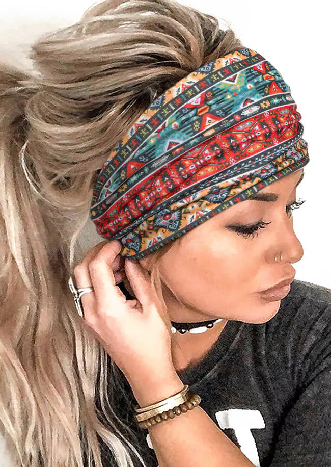

Ethnic Geometric Elastic Wide Headband in Multicolor. Size