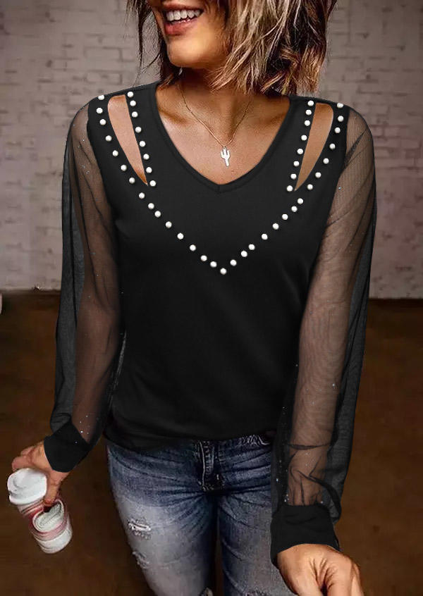 

Blouses Pearls Beaded Mesh Hollow Out Blouse in Black. Size: ,M,L,XL