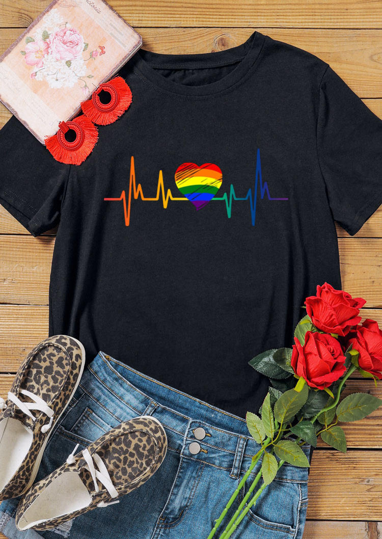 

T-shirts Tees LGBT Heartbeat O-Neck T-Shirt Tee in Black. Size: ,M,L,XL
