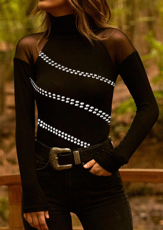 

Blouses Rhinestone Mesh Splicing Blouse in Black. Size: ,M,L,XL