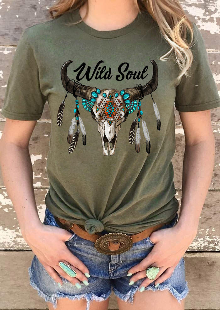 T-shirts Tees Wild Soul Steer Skull Feather Aztec Geometric T-Shirt Tee in Army Green. Size: S,M,L,XL