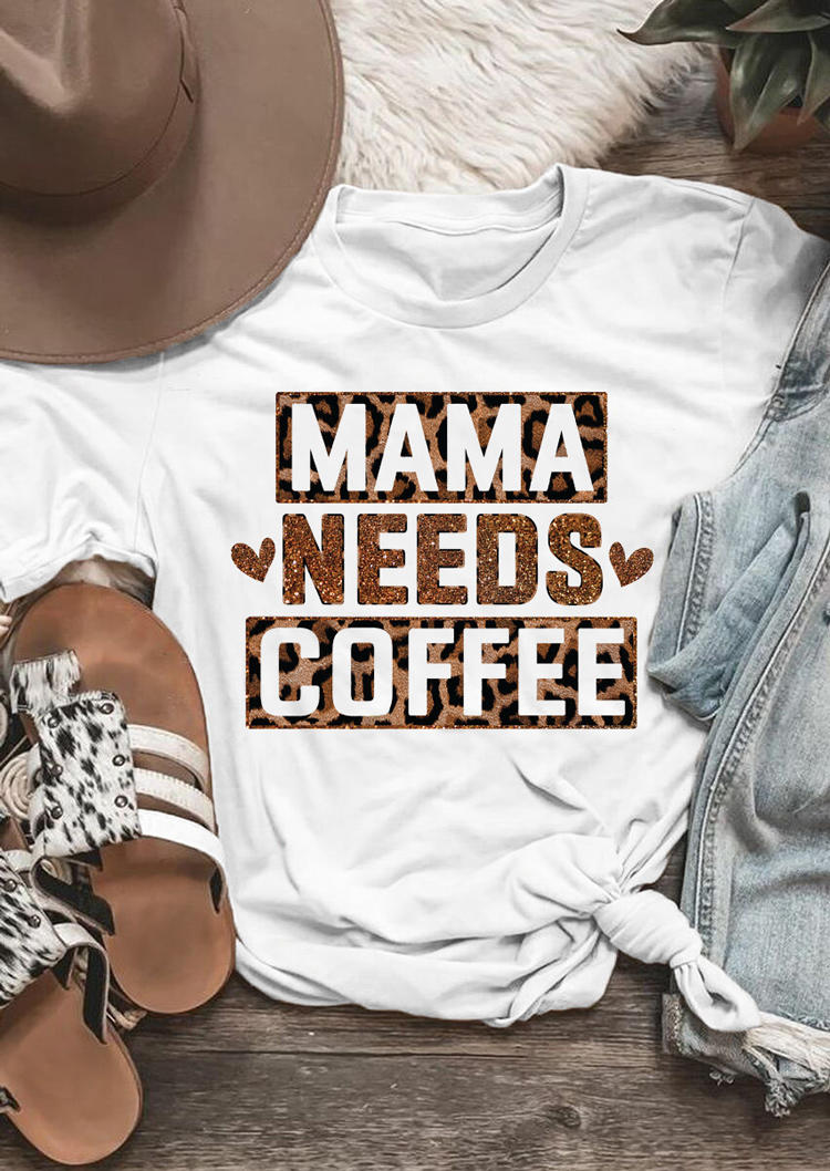 T-shirts Tees Mama Needs Coffee Leopard T-Shirt Tee in White. Size: S,M,L