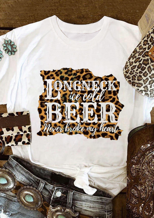 

T-shirts Tees Longneck Ice Cold Beer Leopard T-Shirt Tee in White. Size
