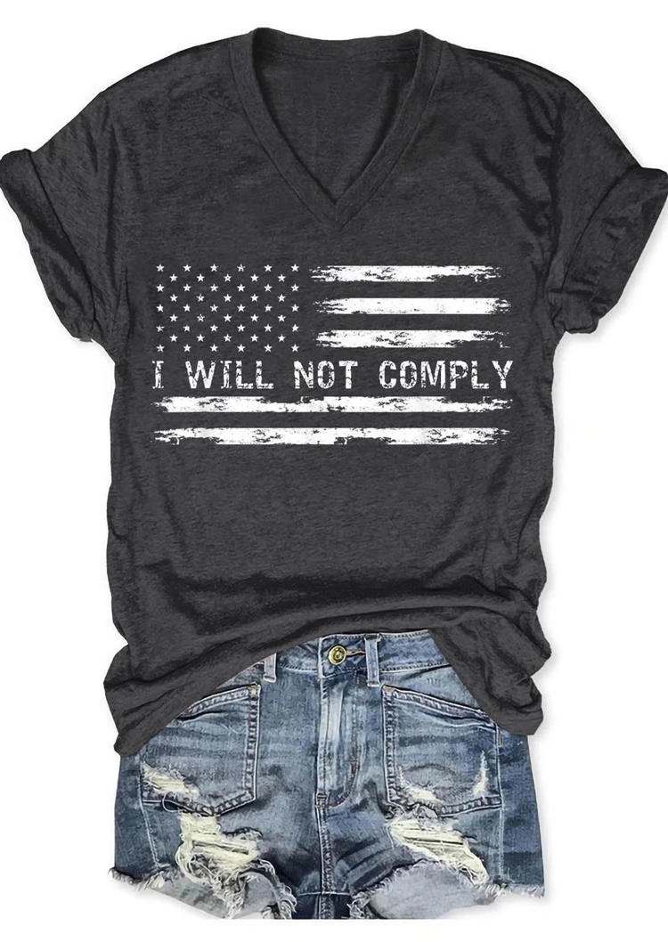 T-shirts Tees American Flag I Will Not Comply V-Neck T-Shirt Tee in Dark Grey. Size: S