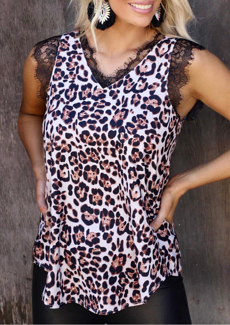 Tank Tops Leopard Lace Sleeveless Tank Top in Multicolor. Size: L,M,S,XL