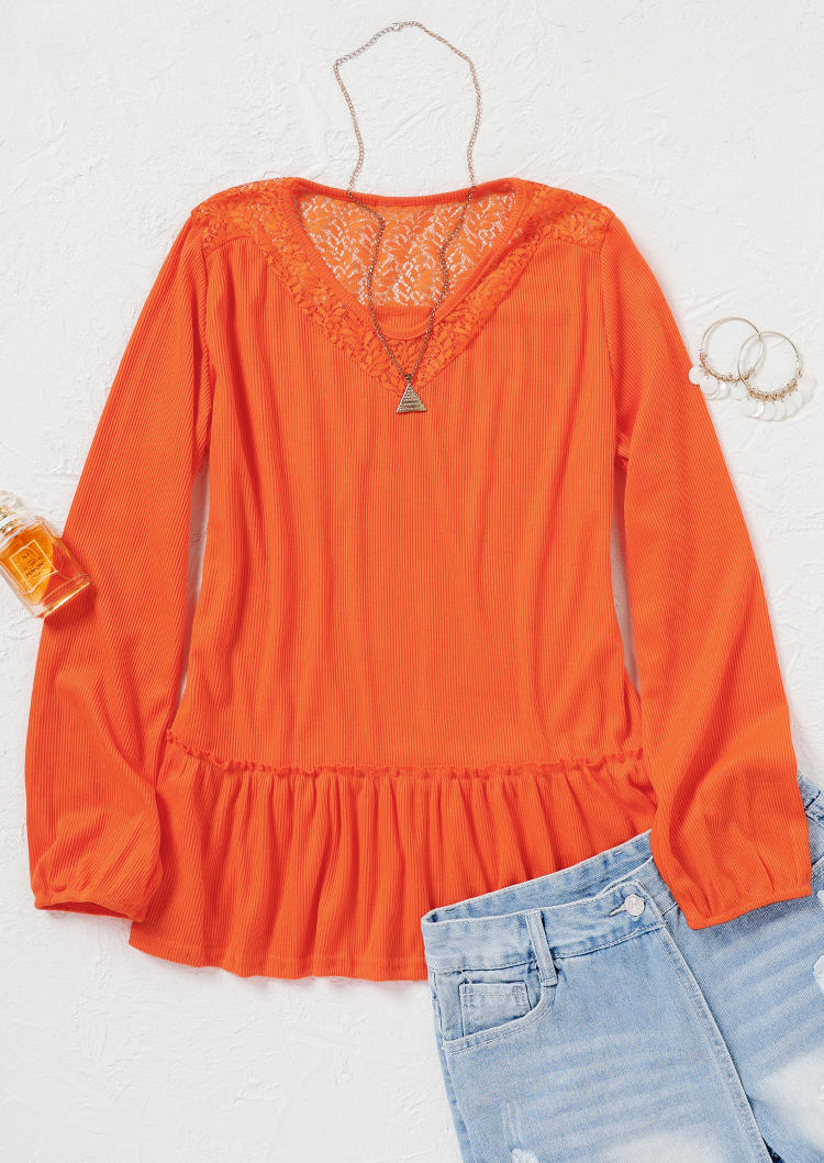 

Blouses Ruffled Lace Splicing Long Sleeve Blouse in Orange. Size: ,M,L,XL