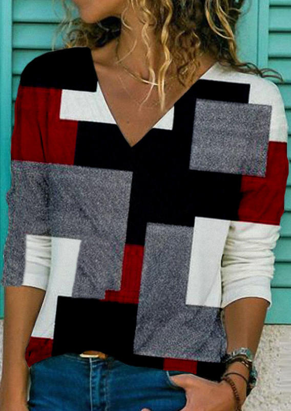 

Blouses Color Block V-Neck Long Sleeve Blouse in Multicolor. Size: ,M,L,XL
