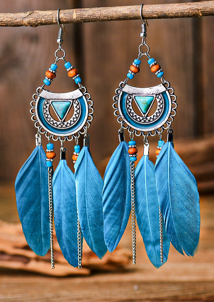 Earrings Bohemian Turquoise Beading Feather Earrings in Multicolor,Cyan. Size: One Size
