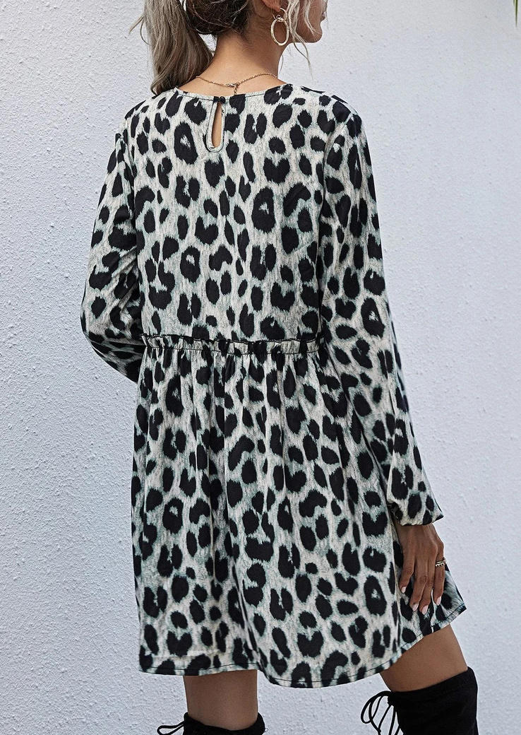 Mini Dresses Leopard Ruffled Long Sleeve Mini Dress in Multicolor. Size: L,M,S