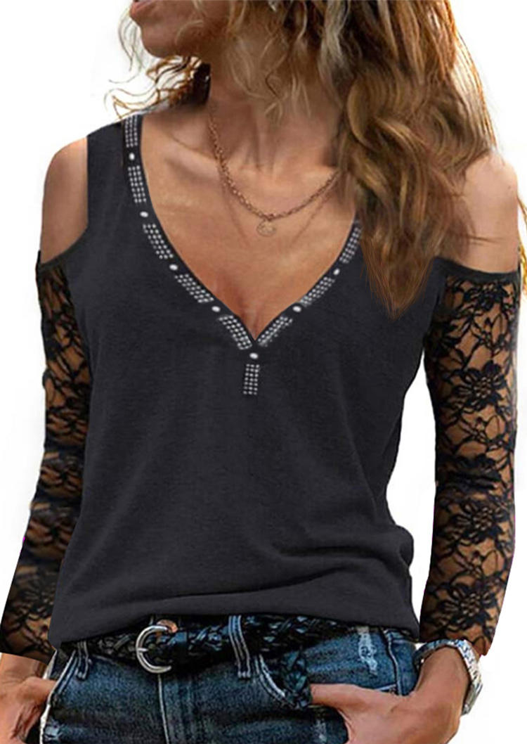 Blouses Lace Splicing Rhinestone Cold Shoulder Blouse in Black. Size: L,XL