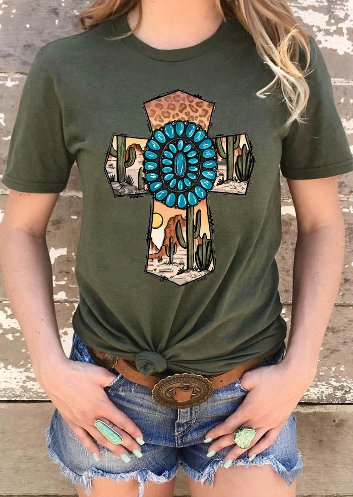 T-shirts Tees Turquoise Cross Leopard Cactus T-Shirt Tee in Army Green. Size: S,L