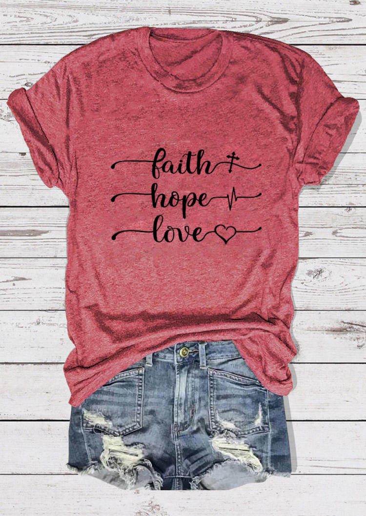 T-shirts Tees Faith Hope Love Cross Heart T-Shirt Tee in Brick Red. Size: S,M,L,XL