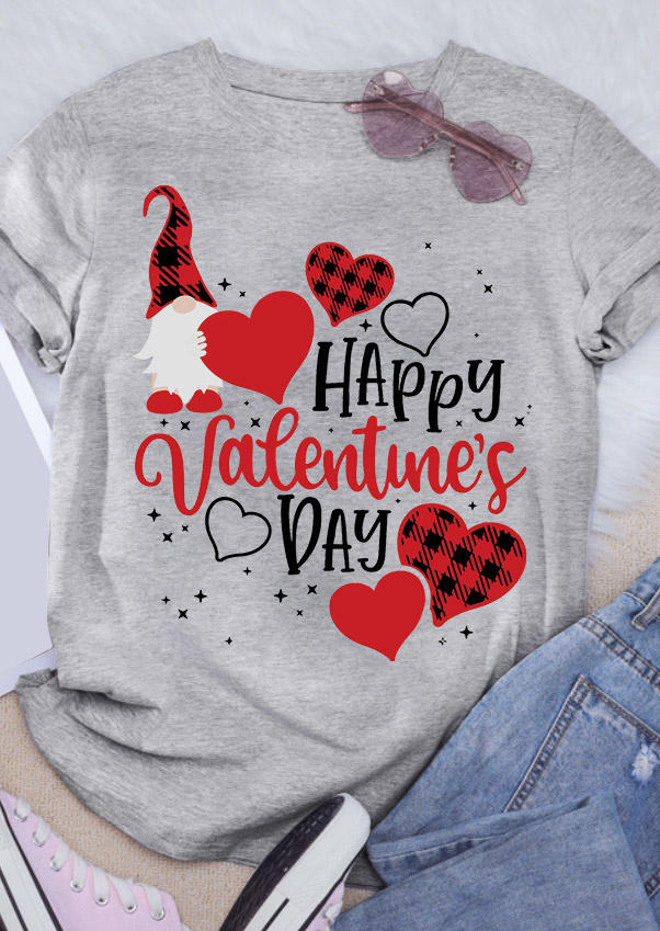 T-shirts Tees Happy Valentine's Day Plaid Heart Gnomies - Light Grey in Gray. Size: XL