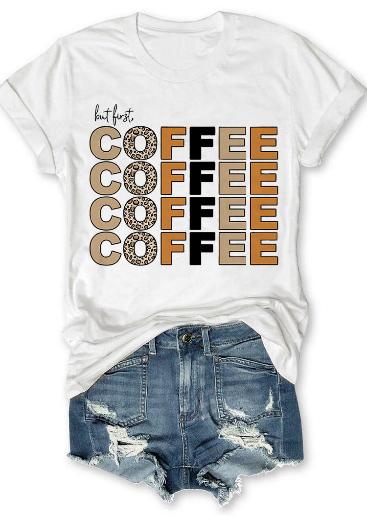 T-shirts Tees But First Coffee Leopard T-Shirt Tee in White. Size: XL