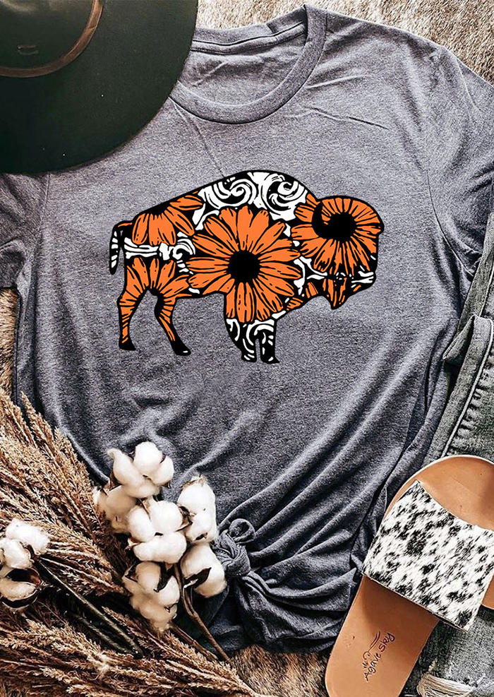 Buffalo Sunflower T-Shirt Tee - Gray