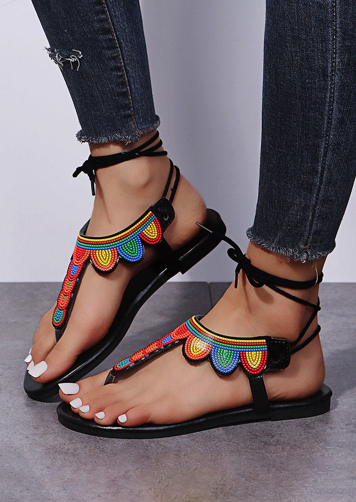 Sandals Colorful Ethnic Style Flat Thong Sandals in Multicolor. Size: 38