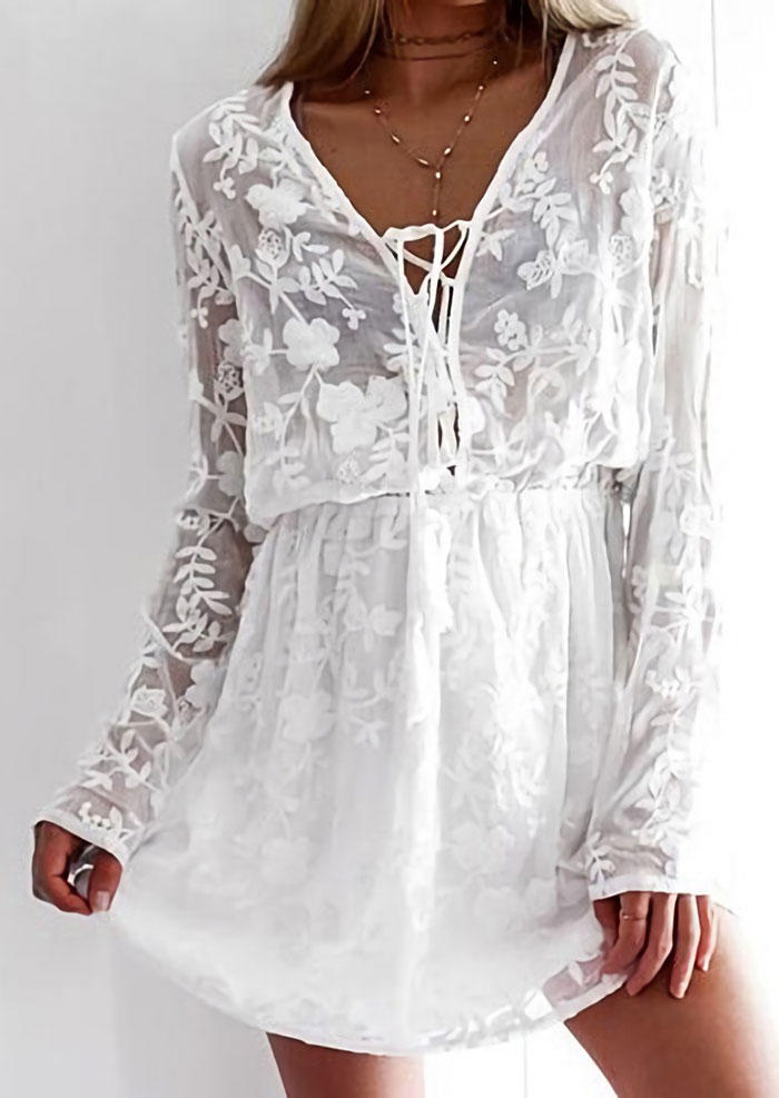 Lace Tie Tassel Long�0�2Sleeve Mini Dress - White